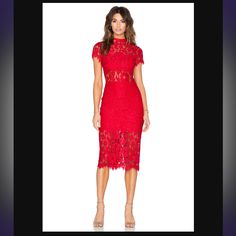 Euc Stunning, Red Alexis Leona Lace Sheath Dress Size Xs Short Sleeve With Mock Neck With Concealed Zip Closure At Back. No Stains Or Rips. Runs Small. Check Reviews Online And Measurements Provided. Fits Like An Xxs. Hip: 25.75" Length: 44.75" Waist: 23.25" Bust: 26" Fabric: 47% Nylon, 24% Rayon, 16% Modal, 13% Cotton; Lining 96% Polyester, 4% Spandex White Mannequin Pics Are Pics Of Real Dress When Purchased From Trr. I Never Wore It Because I Am Too Petite For This Dress (Only 5’1”). The Midi Length Was Too Long For Me :( Red Short Sleeve Midi Dress For Cocktail, Red Lace Midi Dress With Short Sleeves, Red Short-sleeved Lace Dress, Red Fitted Knee-length Lace Dress, Red Lace Knee-length Mini Dress, Red Short Sleeve Dress For Night Out, Red Knee-length Lace Dress For Spring, Red Knee-length Lace Dress For Formal Occasions, Red Lace Knee-length Dress For Spring