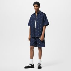 LOUIS VUITTON® - Embroidered Signature Denim Shorts - Indigo Short Sleeve Denim Shirt, Fashion Outfits Men, Louis Vuitton Gifts, Louis Vuitton Official Website, Deep Indigo, Louis Vuitton Fashion, Leather Denim, Denim Jacket Men, Raw Denim