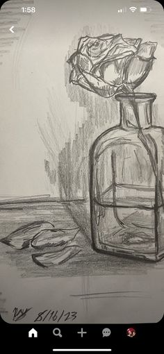 a drawing of a glass bottle with a rose in it sitting on a table top