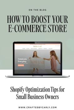 a laptop computer sitting on top of a desk with the words shopify organization tips for small business owners