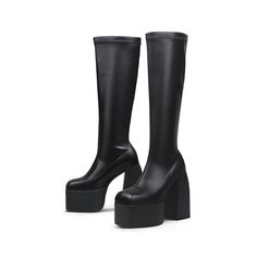 Find a new favorite for your cool-weather collection when you pull on this knee-high boot over your favorite denim or skirt. A generous lug sole lends plenty of lift to your elegant look. 5.51'' heel 14.9'' circumference 14.14" Shaft Pull on Genuine leather upper Leather lining Leather midsole Leather insole Polyester sole Shipping note: Custom made-to-order it takes extra 3 days for shipping. Wide Calf Knee-high Platform Boots For Fall, Fall Wide Calf Knee-high Platform Boots, Edgy Knee-high Platform Boots With Lug Sole, Knee-high Chunky Platform Heeled Boots For Winter, Trendy Winter Platform Knee-high Boots, Trendy High Cut Platform Boots For Streetwear, Trendy Black High Cut Platform Boots, Trendy Knee-high Boots With Chunky Platform For Winter, Trendy High-cut Platform Boots For Streetwear