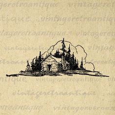 an ink drawing of a house on top of a hill with trees in the background