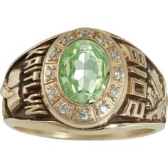 Prestige Stylist Ladies' Class Ring with Bezel set Oval stone. Collectible Oval Rings With Gemstone Accents, Collectible Green Jewelry With Accent Stones, Green Jewelry With Accent Stones For Collectors, Green Collectible Jewelry With Accent Stones, Class Rings High School, Jewelry Style Guide, Gold Class, Graduation Rings, Wedding Band Styles