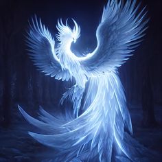 an artistic painting of a white bird with wings spread out in the dark forest,