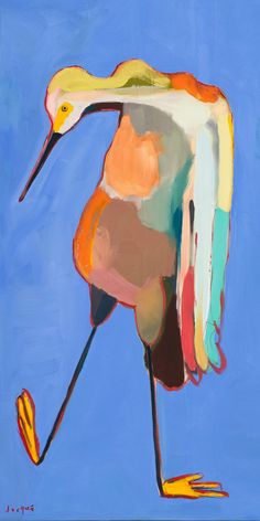 a painting of a bird with long legs and an orange beak, on a blue background