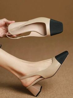 Beige and black low square heel shoes Smart Casual Women Summer, Khaki Heels, Smart Casual Women, Beige Heels, Slip On Pumps, Womens Summer Shoes, Beige And Black, Quiet Luxury, Pointed Toe Heels