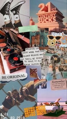 the collage shows many different things that have been made into an advertisement for shoes