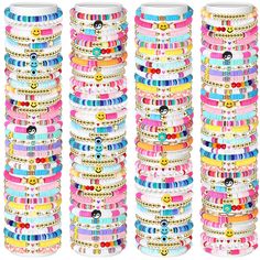 PRICES MAY VARY. Abundant Quantity: this package includes a generous quantity of 150 preppy heishi clay beads bracelets in 50 styles, 3 of each style; With this abundance, you can enjoy a wide variety of bracelet combinations and styles; You'll have enough bracelets to wear every day or to share with friends and loved ones; Suitable for both little ones and adults Quality Material: crafted with quality materials, these colorful bracelets are made mainly from clay and acrylic, which are not only Multicolor Beaded Friendship Bracelets For Party Favors, Multicolor Letter Beads Friendship Bracelets For Party, Multicolor Letter Beads Friendship Bracelet For Parties, Party Multicolor Friendship Bracelets With Letter Beads, Bracelet Combinations, Stretch Beaded Bracelets, Heishi Bracelets, Clay Bracelets, Jewelry Kids