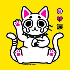 a white cat with pink paws on it's chest sitting in front of a yellow background