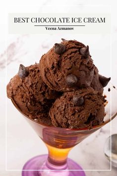 three scoops of chocolate ice cream in a glass bowl