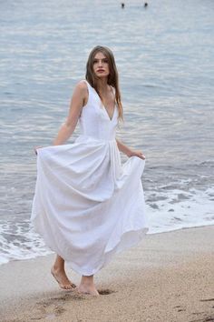 Our Mina Linen Dress in White – Luxe Provence - A Slow Fashion Brand from the South of France Elegant A-line Linen Beach Dress, Elegant Linen V-neck Maxi Dress, Elegant White Linen V-neck Dress, Linen V-neck Wedding Dress, White Linen V-neck Maxi Dress, Elegant Linen Maxi Dress With V-neck, Elegant Linen Beach Dress, Sleeveless Linen Wedding Dress, Elegant V-neck Linen Dress