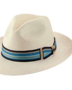 Genuine panama straw. Pinch crease front. 2 5/8" brim. Blue and brown striped ribbon hat band. Imported. Flat brim. Fedora style. Straw Fedora, Striped Ribbon, Blue And Brown, Hat Band, Natural Style, Boots For Sale, Boot Shop, Straw Hat, Hats For Men