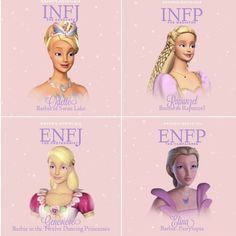 four barbie princesses with tiaras and names on their heads, all in different styles