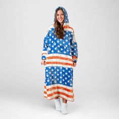 Hate having to get up and leave the warmth of a throw behind? Now you can wear the same super soft plush and patterns you love while staying warm throughout the house. Carstens Inc. | Carstens Inc. Premium Wearable Hooded Blanket Hoodie w / Pocket & Sleeves, America Flag Polyester | 36" W X 44" L | Wayfair Blanket Hoodie, America Flag, Hooded Blanket, Game Room Furniture, Outdoor Shade, Outdoor Storage, Furniture Sale, Get Up, Storage Furniture