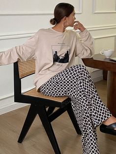 Allover Print T-Shirt Top And Geometric Continuous Pattern Lounge Pants Pajama Set Apricot       Slight Stretch All Women Sleep & Lounge, size features are:Bust: ,Length: ,Sleeve Length: Boho Pyjamas, Boho Pajamas, Pajamas Outfit, Pajamas Shirt, Continuous Pattern, Pajama Outfit, Comfy Pjs, Writing Therapy, Cute Pajamas