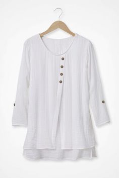 Stylish Misses Clothing & Apparel | Coldwater Creek Coldwater Creek Outfits, Thigh Sleeve, Gauze Tunic, Shell Buttons, Comfort Wear, Coconut Shell, Coldwater Creek, Long Blouse, Petite Size