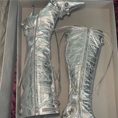 Metallic Cagole Balenciaga Boots Size 37.5 Worn Once! Light Scuffs At The Bottom Of Heel Due To The One Wear. Excellent Condition. Comes With Box, Dust Bag, And Receipt. Obo! Balenciaga Boots, Shoes Balenciaga, Balenciaga Shoes, Balenciaga, The One, Dust Bag, Size 7, Women Shoes, Boots