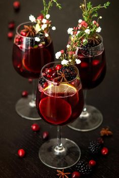 three glasses filled with red wine and garnished with berries, herbs and spices