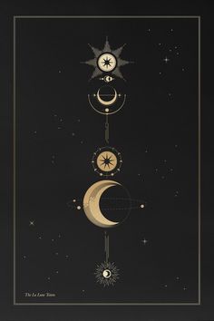 a black and white poster with three celestial symbols