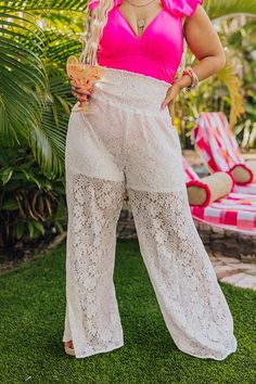 There is no better piece to wear for a boat weekend in the sun than these adorable plus size white pants featuring ultra lightweight lace material patterned with subtle sparkle detailing, a wide and high smocked waistline, and a relaxed silhouette that falls straight into floor-length hemline! Plus, these cuties come with sewn in shorts for additional coverage! on products Measurements 1XL : Hip 40", Inseam 31.5", Length 46.5", Waist 30-32". 2XL : Hip 42", Inseam 31.5", Length 46.5", Waist 32-34 Summer Bottoms With Lace Trim And Non-stretch Fit, White Bohemian Bottoms With Elastic Waistband, Bohemian White Bottoms With Elastic Waistband, White Non-stretch Pants For Beach, Summer Lace Pants With Lace Trim, White Wide Leg Bottoms With Lace Trim, White Bottoms With Lace Trim For Spring, White Lace Long Pants, Lace Beach Bottoms With Lace Trim