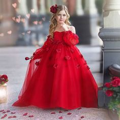 DreamyVow Elegant 3D Flowers Red Girl Dress Long Sleeve Princess Gown Valentines Flower, Orange Evening Dresses, Yellow Evening Dresses, Silver Evening Dress, Burgundy Evening Dress, Purple Evening Dress, Champagne Evening Dress, Gold Evening Dresses, Green Evening Dress