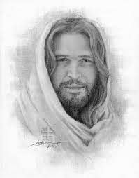 a black and white drawing of jesus with long hair, wearing a blanket over his head