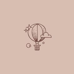 a drawing of a hot air balloon flying in the sky with stars and clouds on it