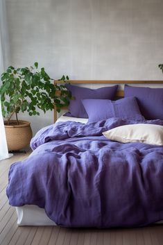 a bed with purple sheets and pillows in a room next to a potted plant