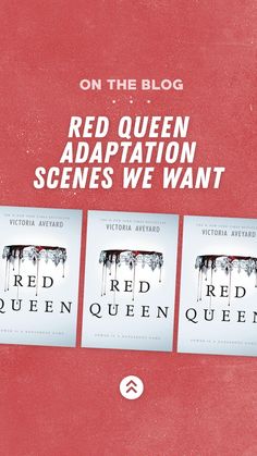 three books on the cover of red queen's novel, with an image of dripping blood