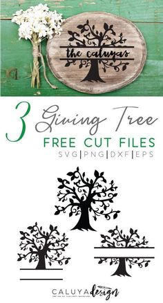 three tree cut files with the words, 3 cutting tree free cut files svpng and