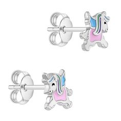 Adorable magical unicorn earrings for active and imaginative young girls. She will love the bright enamel colors featured on these stud earrings. Each studded earrings features a beautiful pink enameled winged unicorn with multi colored hair, perfect for a vibrant everyday look. Crafted in a hypoallergenic 925 sterling silver, your little girl will never want to take these off. A cute, complimentary gift box is included with these earrings! Winged Unicorn, Unicorn Earrings, Studded Earrings, Multi Colored Hair, Magical Unicorn, Colored Hair, Pink Enamel, In Flight, Girls Earrings