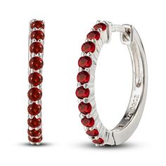 Gorgeous round garnets shimmer along these dainty hoop earrings crafted in classic sterling silver. The earrings measure 18.6mm and secure with hinged backs. Dainty Hoop Earrings, Kay Jewelers, Garnet Stone, Silver Prices, Earring Crafts, White Earrings, Accessories Jewelry Earrings, Earrings Sterling Silver, Earring Backs