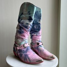 Yru Tie Dye Cowgirl Slouchy Rare Deathproof Cowboy Boots Era: 2010s Ships Within 24 Hours, Feel Free To Make An Offer! Free Shipping When You Buy 2 Items Brand: Yru Size: 7 Usa Color: Pastel Purple Blue Pink Material: Fabric Outer Faux Leather These Have Been Well Loved And Have Wear To Them But Also Been Kept In Good Condition :) Chunky Western O Ring Biker Star Moon Festival Rock N Roll Goth Punk Booties Shoes Grunge Emo Platform Square Toe Mid Calf Rave Shoes Footwear Party Birthday Multicolor Western Boots For Spring, Trendy Outdoor Spring Boots, Trendy Pink Boots For Outdoor, Trendy Pink Outdoor Boots, Multicolor Western Boots For Winter, Knee-high Boots For Spring Festival, Funky Spring Boots, Funky Multicolor Boots For Spring, Pink Boots For Outdoor Fall Activities