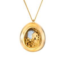 This heart-at-home necklace is 100% handcrafted, highly detailed. The miniature piece depicts the scene of a tiny, magical home in the woods, set with stunning London Blue Topaz gemstone at the back, encapsulated inside an oval golden pendant. If you are a domestic person, like me so you will probably love the idea of carrying home with you close to your heart. This statement pendant can be a meaningful gift for loved ones who represent home to us even when they are far away. A unique gift! ↠ Pr House Necklace, Wearable Jewelry, Blue Topaz Pendant Necklace, Golden Art, Unusual Necklace, Wearable Art Jewelry, Artisan Necklace, Blue Topaz Necklace, Blue Topaz Pendant