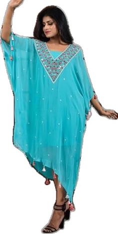 Embellished Georgette Kurta For Summer, Eid Mirror Work Tunic Dress, Eid Tunic Dress With Mirror Work, Bollywood Style Embellished Summer Kaftan, Summer Bollywood Style Embellished Kaftan, Turquoise Dresses With Resham Embroidery, Bollywood Tunic Dress With Mirror Work, Traditional Turquoise Dress With Resham Embroidery, Summer Bollywood Embellished Kaftan