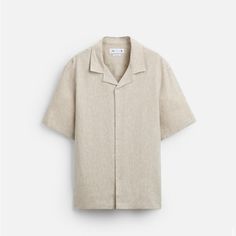 Men’s Zara Linen Shirt Beige Camp Collar Top With Relaxed Fit, Casual Beige Top With Spread Collar, Classic Khaki Shirt For Summer, Casual Beige Shirt With Camp Collar, Classic Collared Shirt In Neutral Color, Neutral Short Sleeve Cotton Shirt, Classic Beige Tops With Spread Collar, Classic Beige Top With Spread Collar, Classic Beige Collared Short Sleeve Shirt