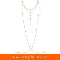 in stock Elegant Double Strand Beaded Necklace With Chain, Elegant Multi-strand Chain Necklace With Gold Beads, Double Strand Gold Beads Jewelry, Double Strand Beaded Chain Jewelry For Party, Elegant Adjustable Beaded Chain Necklace, Elegant Lariat Jewelry With Beaded Chain, Elegant Lariat Beaded Chain Jewelry, Elegant Beaded Lariat Jewelry, Elegant Gold-tone Beaded Chain Jewelry