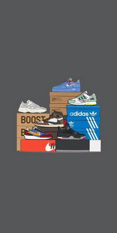 a pile of adidas shoes sitting on top of boxes