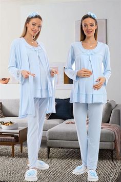 LohusaHamile Blue Color Maternity Pajamas and Robe  Cotton Fabric There are 3 pieces of product in the package ( Maternity Pajamas and Maternity Robe ) This Products have breastfeeding feature Pajamas is long sleeved Adjustable at the waist There is a Belt in the Pachage it's a model that you can use after postpartum period Attention, There is no CROWN and SLIPPERS in the Package Size Range; if your weight's 60-71 Kilograms or 132-157 Ib, You Should buy size ''S'' Size Range; if your weight's 71 Blue Matching Pant Set For Loungewear, Blue Sleepwear Set, Blue Long Sleeve Home Sets, Blue Long Sleeve Pant Set For Loungewear, Blue Matching Set Sleepwear, Blue Long Sleeve Loungewear Pant Set, Blue Nursing Friendly Sleepwear, Pregnancy Pajamas, Nursing-friendly Relaxed Fit Sleepwear