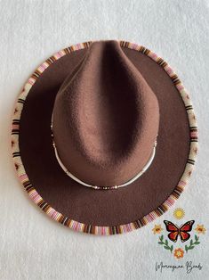 Indigenous Brown Beaded Fedora Set - Etsy Adjustable Brown Beaded Necklaces, Handmade Adjustable Brown Fedora, Handmade Brown Fedora With Short Brim, Handmade Brown Fedora For Festival, Brown Handmade Fedora With Short Brim, Handmade Brown Bohemian Fedora, Beaded Brown Wide Brim Hat, Western Style Beaded Necklaces For Festivals, Western Style Brown Beaded Hat