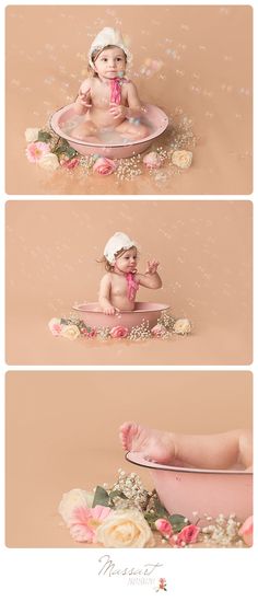 a baby sitting in a pink bowl with flowers on the bottom and one foot up