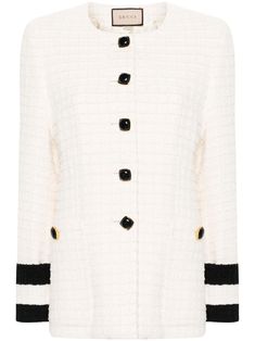 cream white/black wool tweed waffle effect bouclé design collarless front button fastening long sleeves contrasting cuffs two front button-fastening jetted pockets straight hem Elegant Gucci Tweed Jacket For Fall, Winter Gucci Tweed Jacket, Elegant Cream Gucci Outerwear, Classic Cream Gucci Outerwear, Classic Gucci Cream Outerwear, Luxury White Tweed Jacket, Gucci Cream Winter Outerwear, Gucci Designer White Outerwear, Designer White Gucci Outerwear