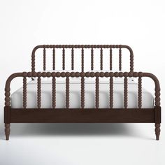 the bed frame is made out of wood and has two posts on each side, with no headboard or foot board