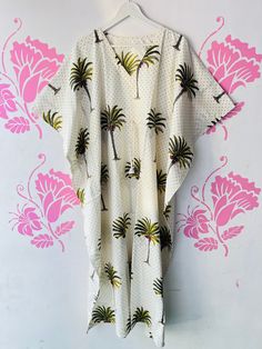 "BohoRobes New Palm Tree Caftan Dress, Beach Wear Dress, Nightwear Gown, Cotton Kaftan Dress, Summer, Holiday, Resort, Cruise Party Dress  Size - Free Size Length - 44/ 48/ 52 Inches Bust/chest size - 120 CM/ 46 Inches Fabric - 100% Cotton Pattern - Palm Tree Print Kaftan has Adjustable Drawstring Waist to loose or tight , Kaftan has V Shape Neck Which is 8\" Inches Deep. Kaftan Is Multi-purpose and can be worn as a cover up at the Beach ,Lounge wear ,sleepwear ,Pregnant Women Hospital Gown for Newly Moms ,Maxi Dress ,Free Dress etc . This kaftan, made from incredibly soft and lightweight cotton, is versatile for many occasions. Perfect for a swimsuit cover up on the beach or by the pool, with shorts and a tank top or over a summer dress. Can be also worn with a glam belt for a more dresse Green Short Sleeve Summer Nightgown, White Maxi Kaftan For Loungewear, White Maxi Length Kaftan For Loungewear, White Maxi-length Kaftan For Loungewear, Printed White Sleepwear For Vacation, Printed White Vacation Sleepwear, Printed Summer Sleep Dress, White Printed Sleepwear For Vacation, Summer Sleep Dress With Prints