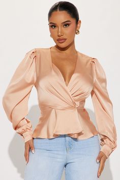 Linda Satin Peplum Blouse Top - Champagne | Fashion Nova Classy Tops For Women Blouses, Classy Tops For Women, Purple Satin Blouse, Classy Tops, Champagne Fashion, Keep Growing, Sassy Hair, Puff Long Sleeves, Peplum Blouse