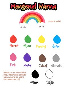 an image of the names of different colors and shapes for menenul warna