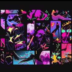 an assortment of neon colored images on a black background