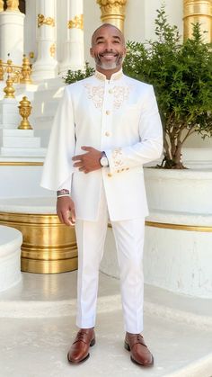 Taharqa Slim-Fit White African Suit with Gold Embroidery | Premium Style White And Gold African Men Outfit, White Long Sleeve Agbada For Eid, Elegant White Long Sleeve Agbada, African Male Suits, African Dashiki Shirt, African Tops For Women, African Pants, Dashiki Shirt, African Suit