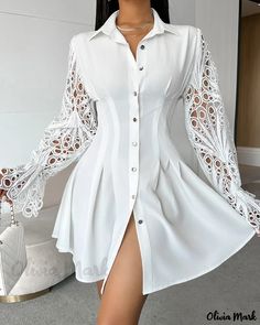 Olivia Mark - Exquisitely Crafted Eyelet Embroidered Shirt Dress with Ruched Detailing Embroidered Shirt Dress, Elegant White Dress, Embroidery Shirt, Eyelet Embroidery, Plain Dress, White Dresses For Women, Shirt Embroidery, Mini Dress Casual, White Shirt Dress