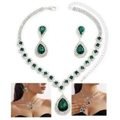 Prom Jewelry Sets, Green Stones, Prom Jewelry, Necklace And Earring Set, Crystal Wedding, Green Necklace, Silver Accents, Green Stone, Set For Women